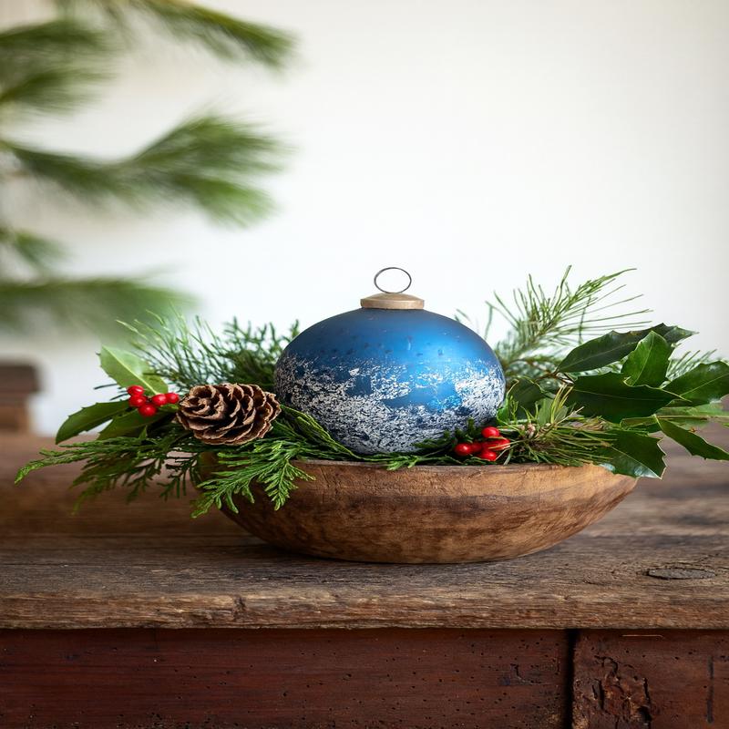 4" Blue Glass Ornament with Speckled White