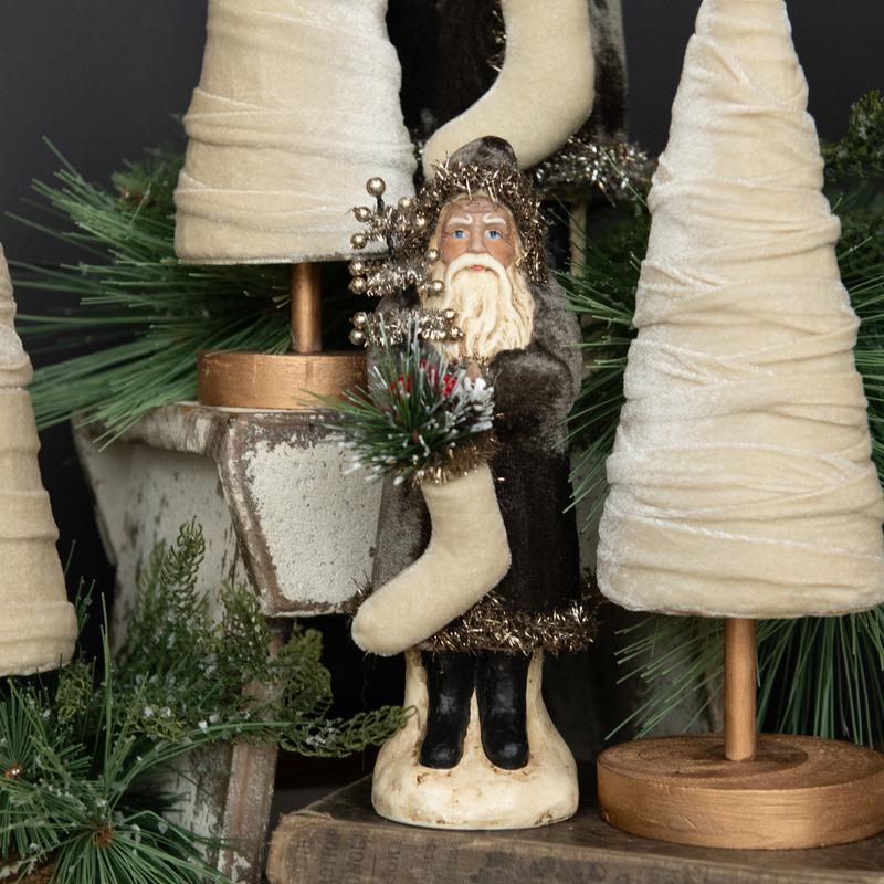 8" Belsnickle Santa With Tinsel Tree and Stocking - Charcoal