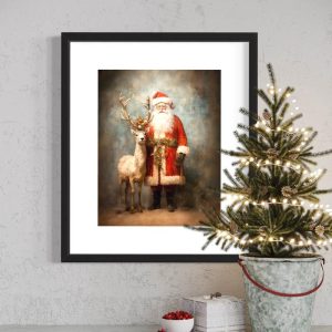 8x10 Santa Claus and Rudolf Reindeer Antique Print Wall Decor