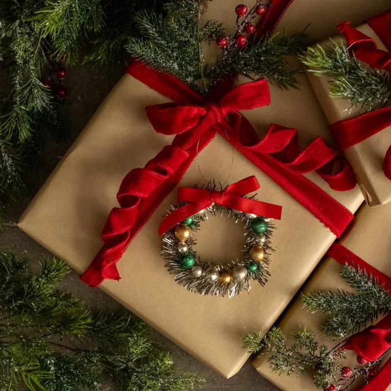 Glass Beaded Tinsel Wreath Ornament