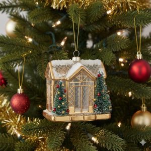 Glass Greenhouse Ornament with Bottle Brush Trees