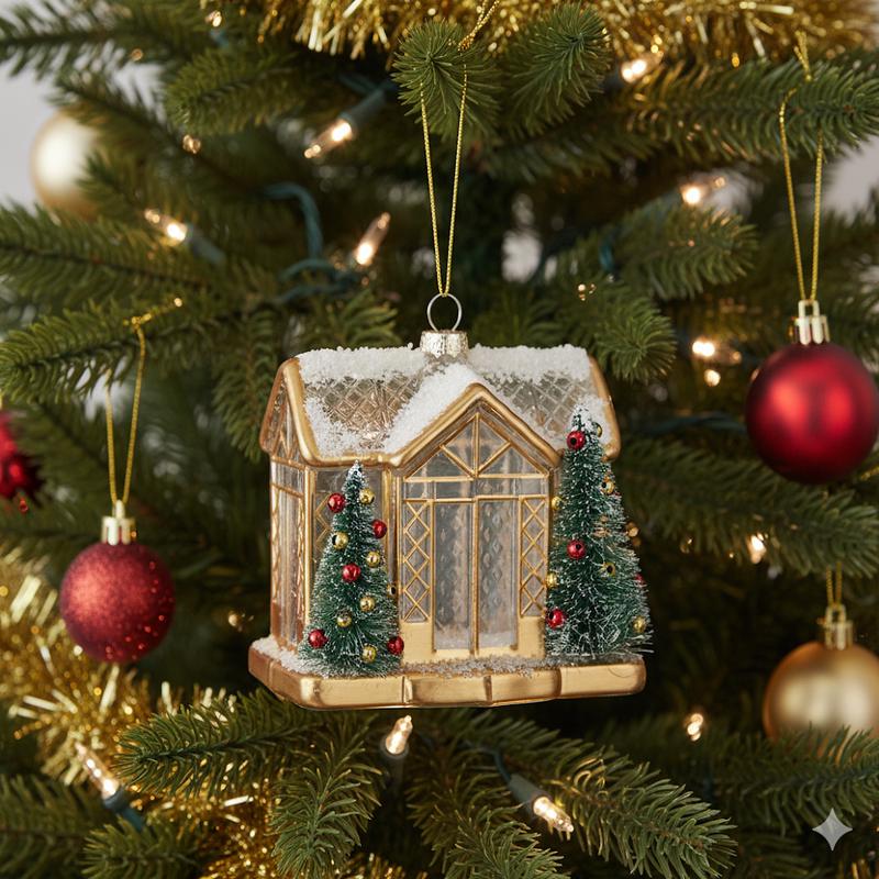 Glass Greenhouse Ornament with Bottle Brush Trees