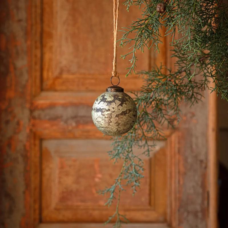 Spruce Antique Foil Glass 3" Etched Ball Ornament