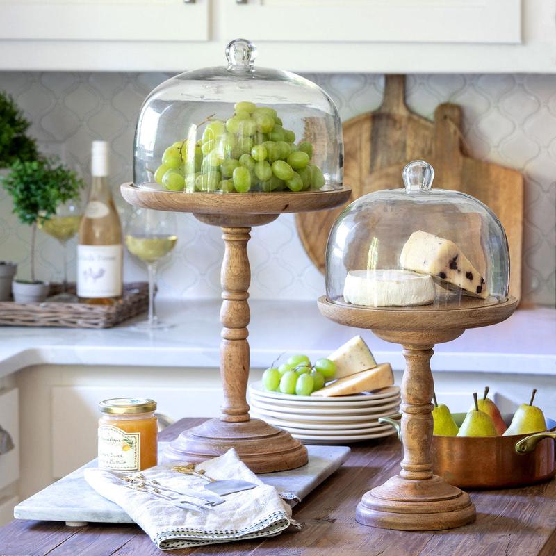 French Farmhouse Elevated Wood and Glass Serving Dish  - Select Size
