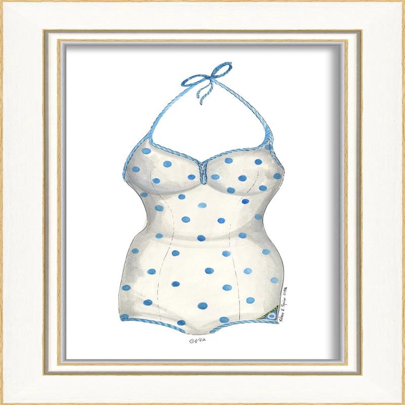 Framed Vintage Style Blue Polka Dot Bathing Suit Artwork