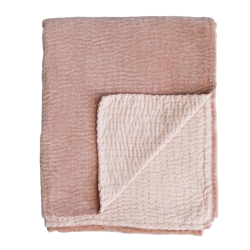 Kantha Stitch Velvet Pink Throw Blanket