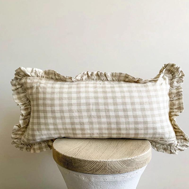 Pure French Linen Ruffle Lumbar Pillow Cover - Dove Grey Gingham - More Coming Soon