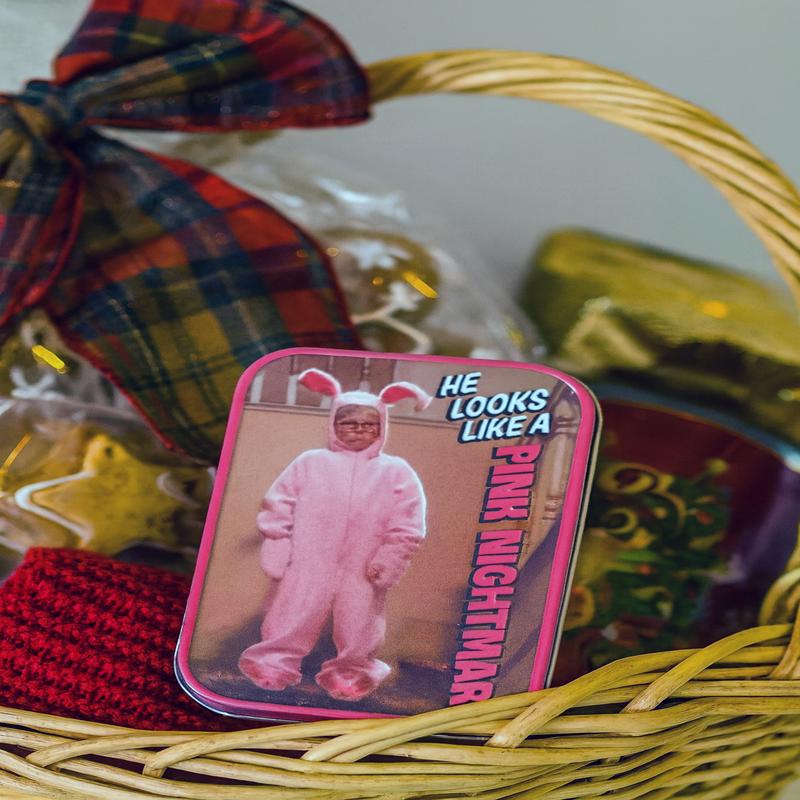Christmas Story He Looks Like A Pink Nightmare Tin with Pink Bunny Candy