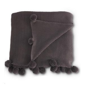 Dark Grey Knit Pompom Throw Blanket