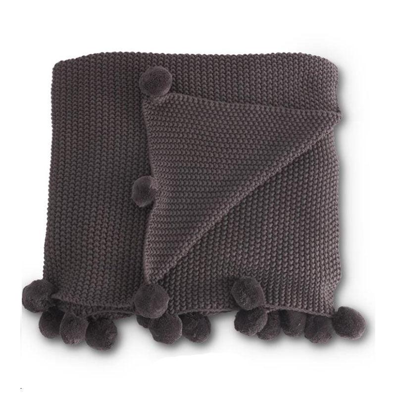Dark Grey Knit Pompom Throw Blanket