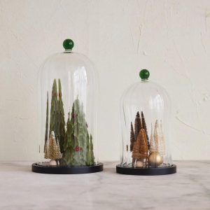 Fluted Cloche and Base with Green Knob - Choose Size