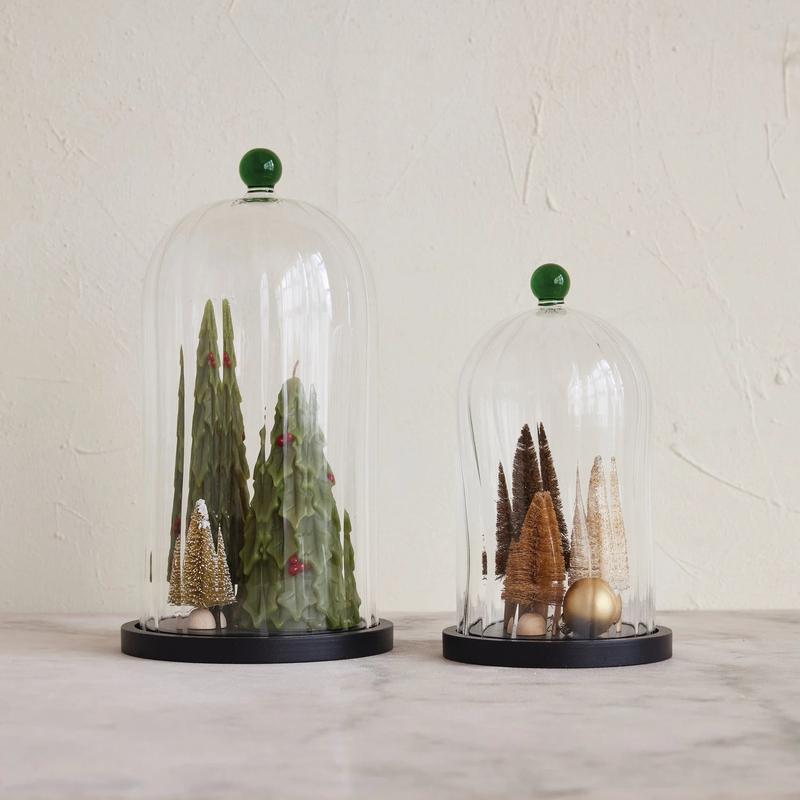 Fluted Cloche and Base with Green Knob - Choose Size