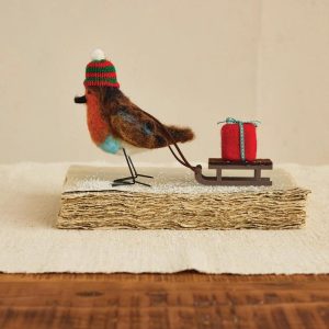 Handmade Wool Felt Robin Pulling Sleigh