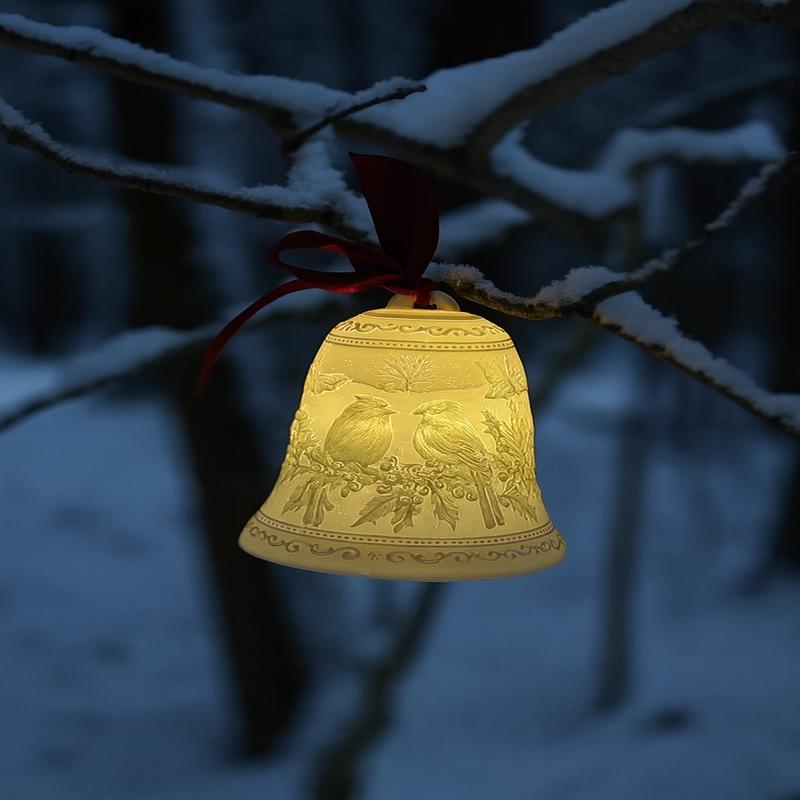 Luumii Lights Porcelain Bell Ornament - Merry Christmas with Birds
