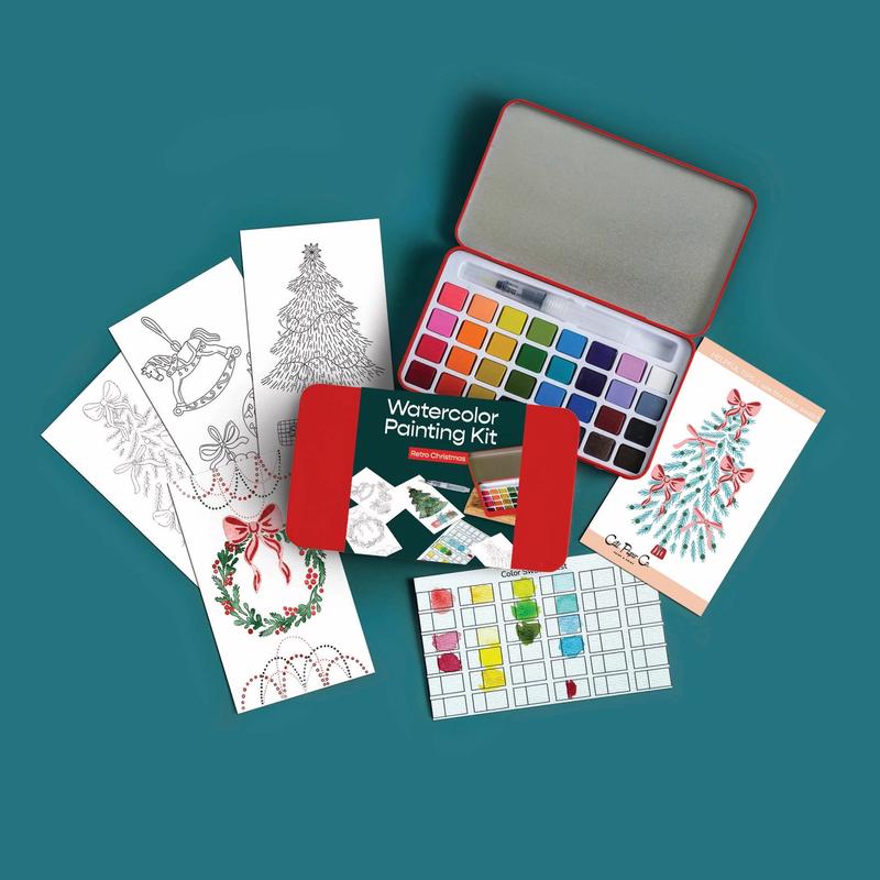 Retro Red Christmas Watercolor Paint Set