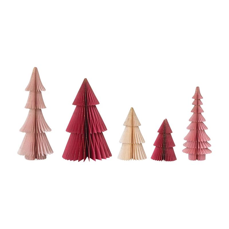 Set of 5 Folding Honeycomb Trees with Gold Glitter Edges - Red, Pinks and Cream