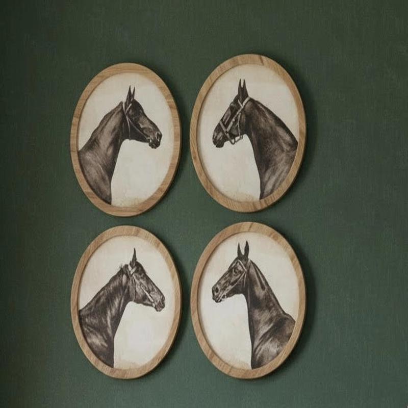 15.75" Round Natural Framed Horse Head Print - Choose Style