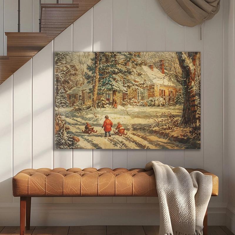 Vintage Winter Sledding Landscape Canvas Wall Art - Choose Size