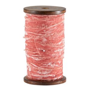 10 Yards Pink Velvet Ribbon with Frayed Edges on Wooden Spool