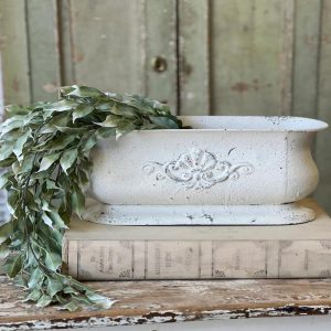 15" Distressed White Metal Planter