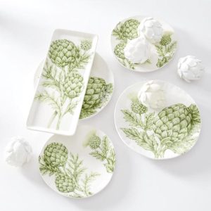 9" Non-Symmetrical White Dolomite Plate with Green Artichokes