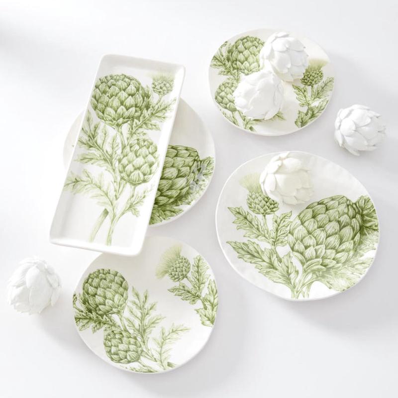 9" Non-Symmetrical White Dolomite Plate with Green Artichokes