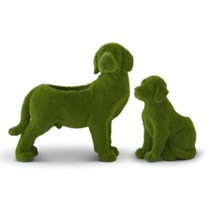 Resin Green Flocked Mossy Dog Planter with Drain - Choose Style