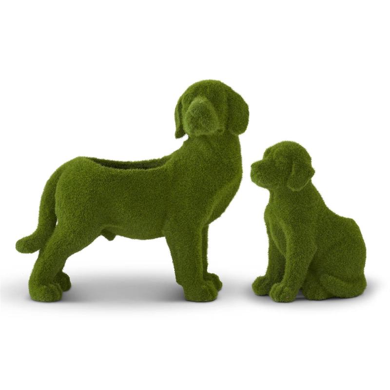 Resin Green Flocked Mossy Dog Planter with Drain - Choose Style