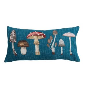 28" Lumbar Pillow with Printed Mushrooms & Embroidery