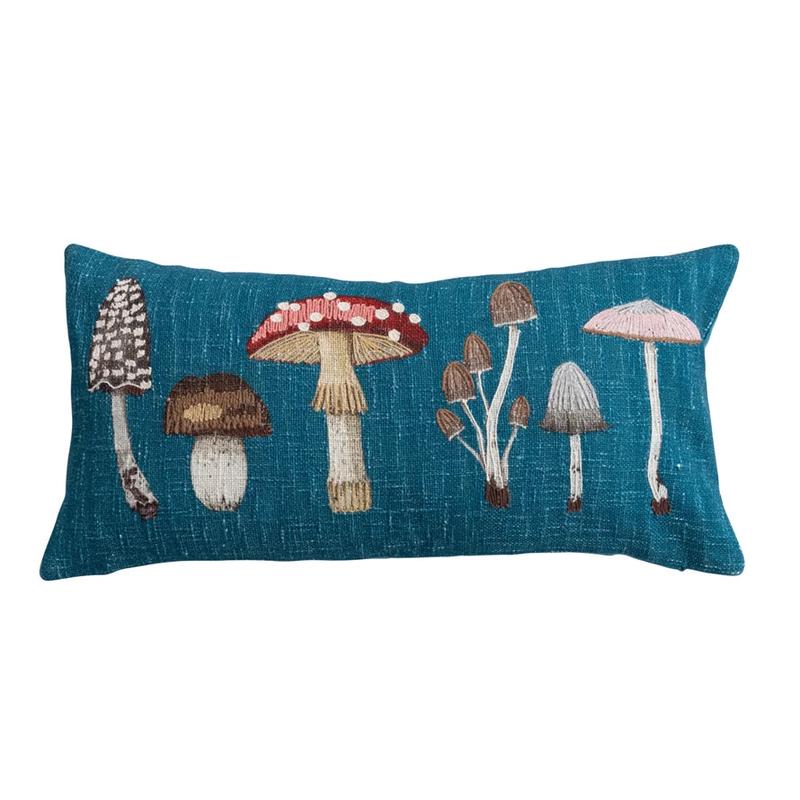 28" Lumbar Pillow with Printed Mushrooms & Embroidery