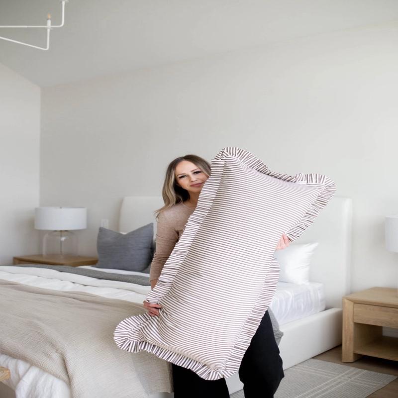 42" Ruffled Brown Striped Bolster Pillow with Down Insert