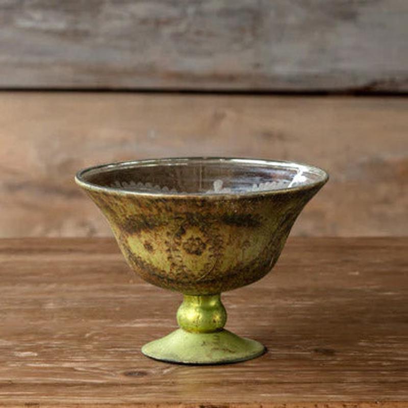 Antiqued Glass Etched Green Compote - Medium