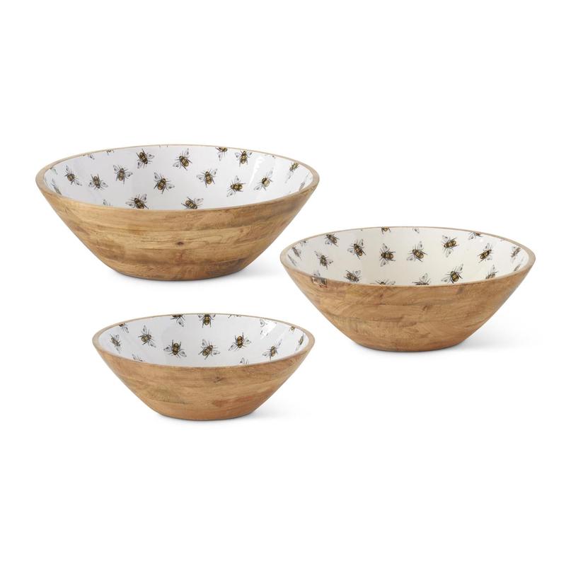 Set of 3 Bumble Bee Bowls - Wood with Enamel Interior