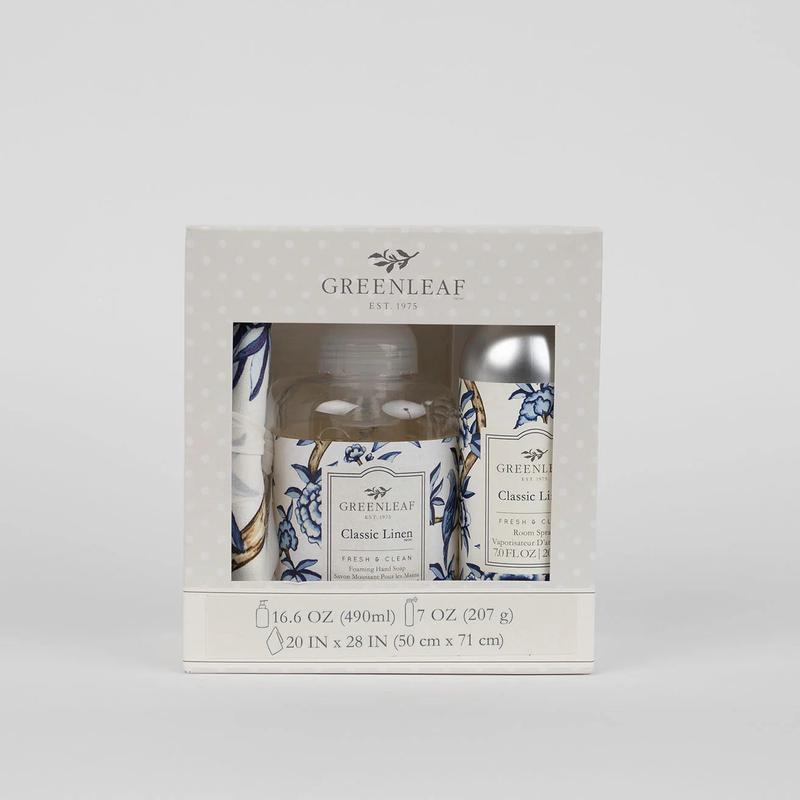Classic Linen Foaming Hand Soap, Room Spray, and Tea Towel Gift Set