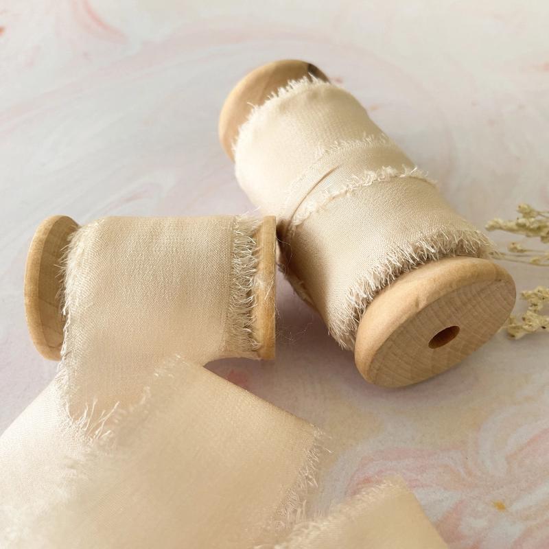 Ivory Silk Ribbon Raw Edge Silk Ribbon On Wooden Reel - Choose Width