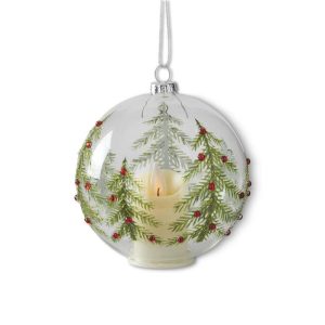 5" - LED Clear Glass Ornament with Jeweled Christmas Trees & Timer