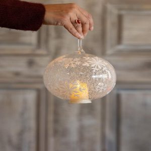 LED Ice Textured Clear Glass White Snowflakes Ornament w/Timer - Choose Size