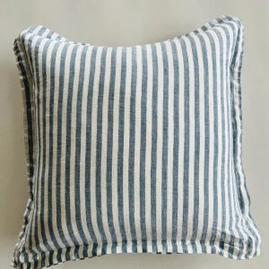 Pure French Linen Stone Blue Stripe Pillow with Flange Detail - Choose With or Without Insert