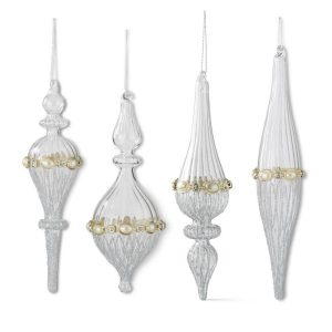 Ribbed Clear Glass & Silver Glitter Ornament with Rhinestone and Pearls - Choose Style