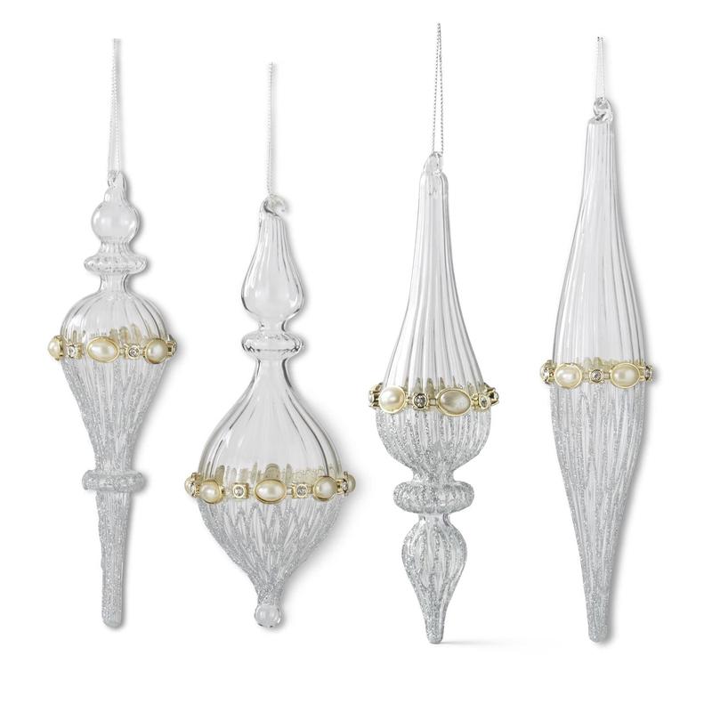 Ribbed Clear Glass & Silver Glitter Ornament with Rhinestone and Pearls - Choose Style