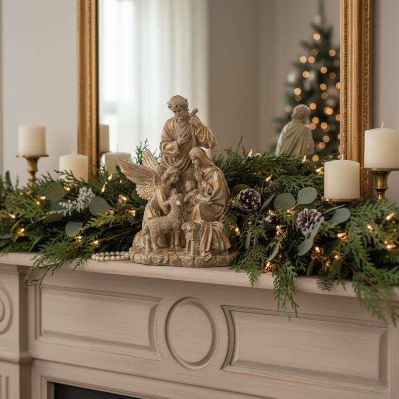 14" Tan and Gold Resin Holy Family Statue