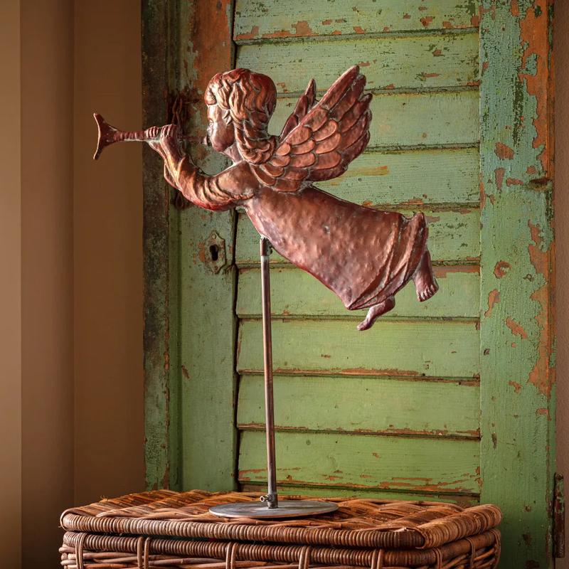 Christmas Tree Topper - Verdigris Finished Flying Angel With Stand