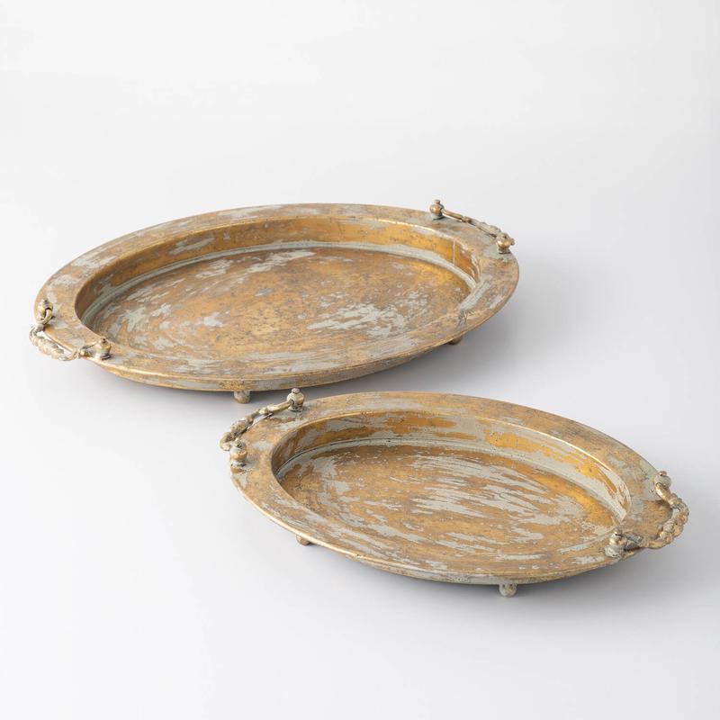 Set of 2 Large Rustic Gold Metal Trays