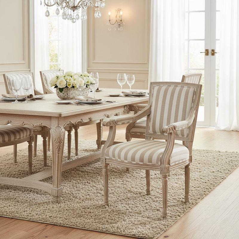 Whitewashed Wood Gray Striped Upholstered Chair