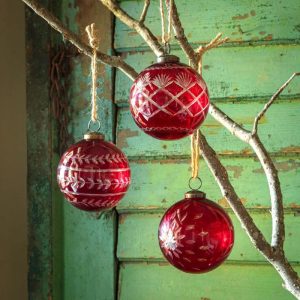 4" Christmas Red Glass Etched Ornament - Choose Style
