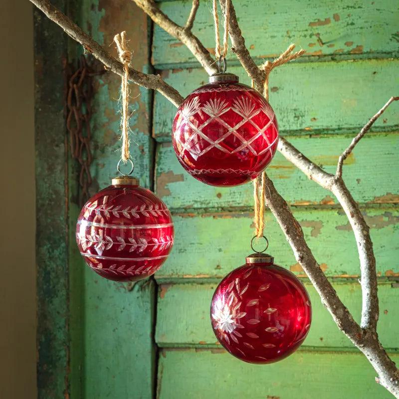 4" Christmas Red Glass Etched Ornament - Choose Style