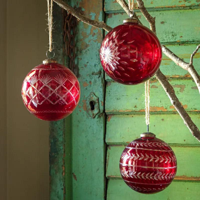 5" Christmas Red Glass Etched Ornament - Choose Style