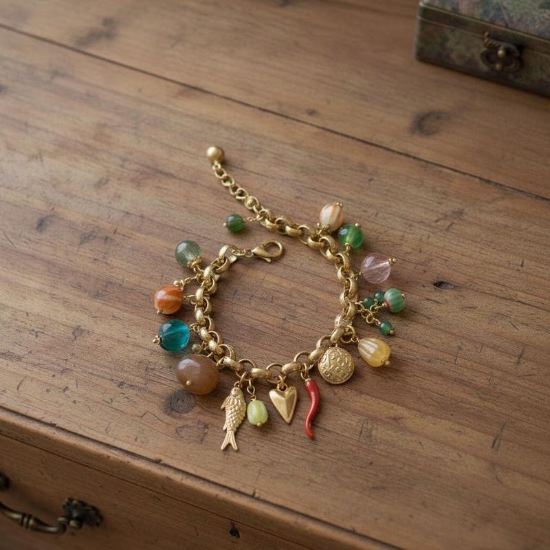 Maraca and Fish Charm Gold Chain Bracelet