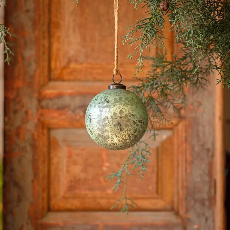 Spruce Antique Foil Glass Etched 4" Ball Ornament