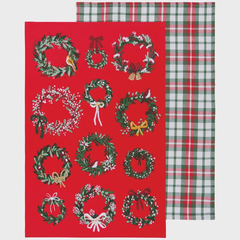 Wreaths Printed Cotton Dishtowels, Set of 2